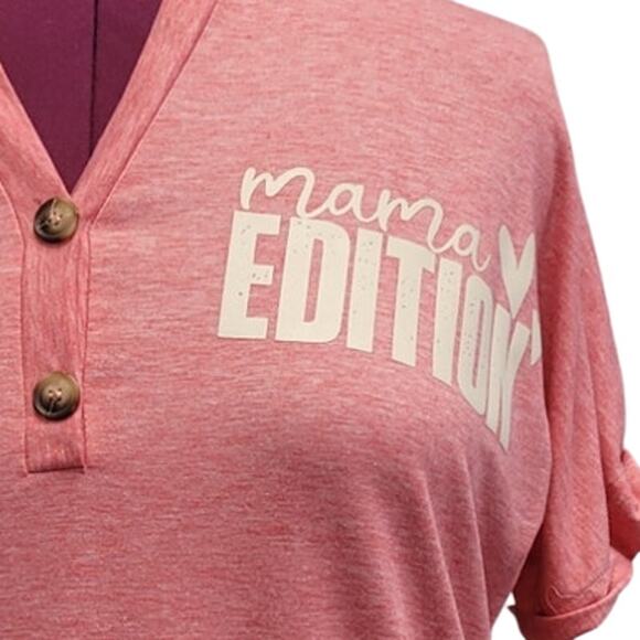 Hand Printed Upcycled Womens 2XL Mama Edition Short Sleeve Half Button Tee Shirt - Picture 2 of 5